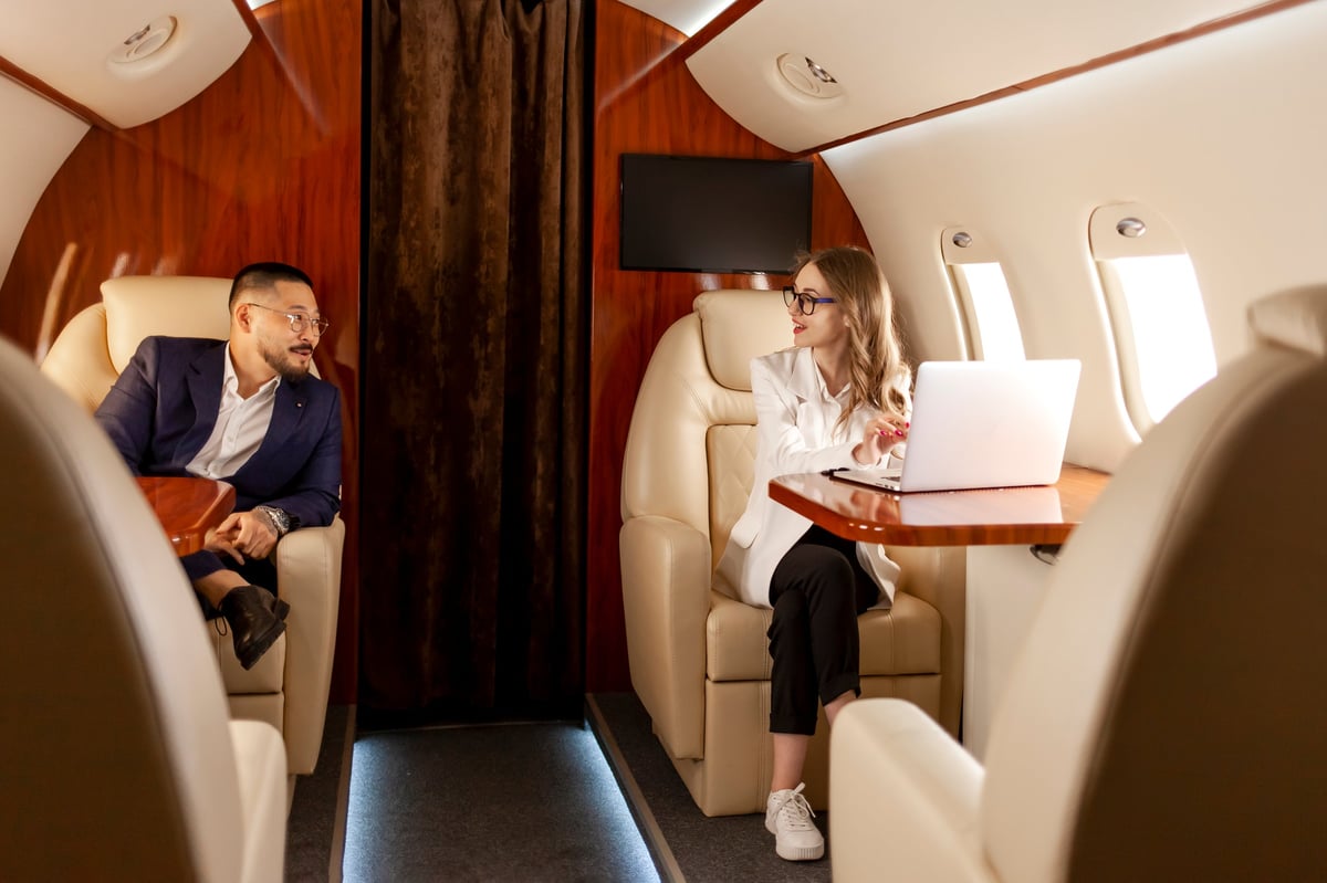 The spacious, private cabin interior of a heavy business jet