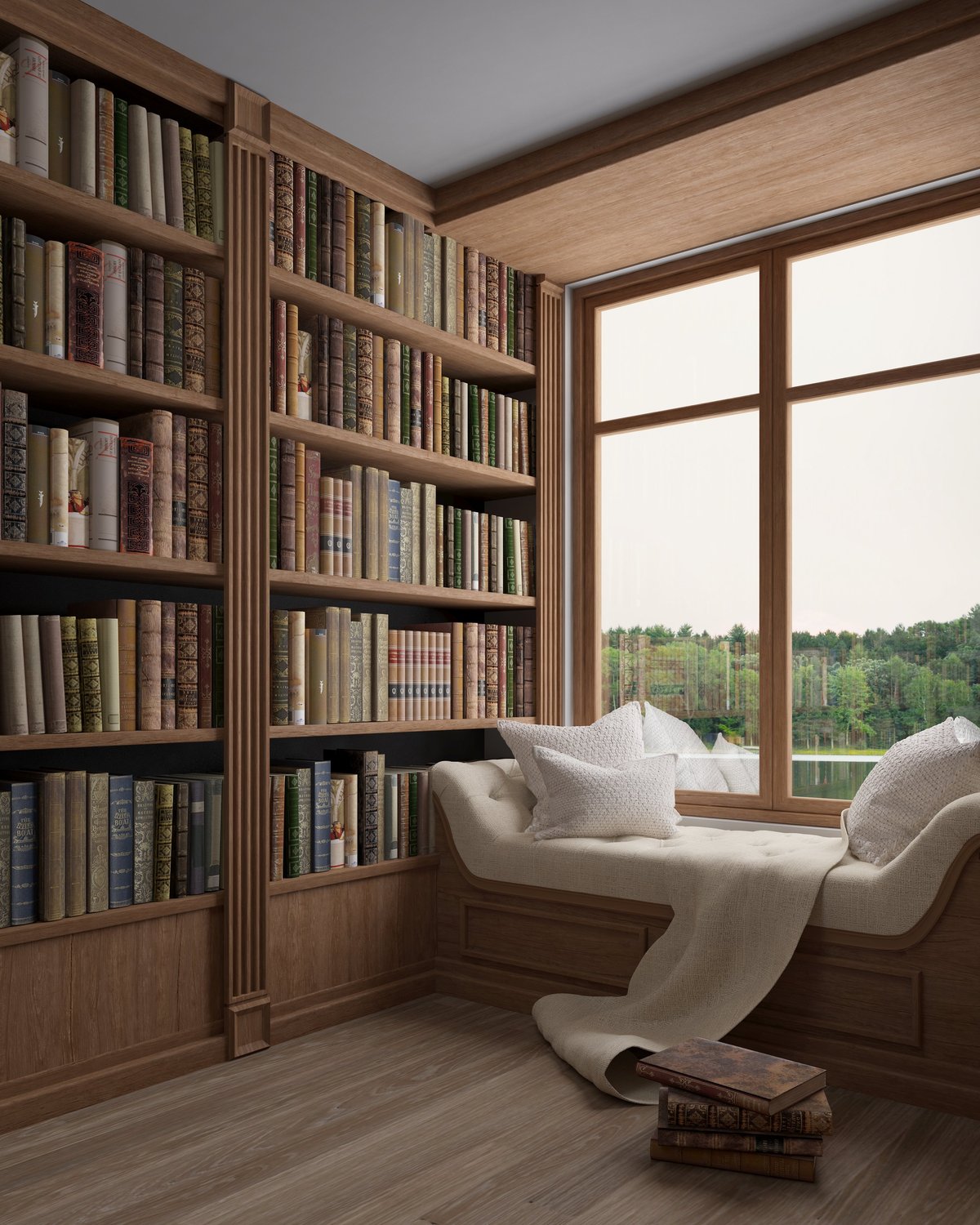 A warm reading-room study with a large window, bookshelves, and a soft elegant seat