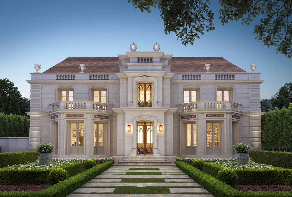A classical estate façade with expansive landscaped gardens