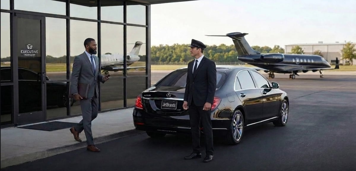 Two businessmen in suits standing by a luxury sedan outside a terminal with a private jet visible in the background